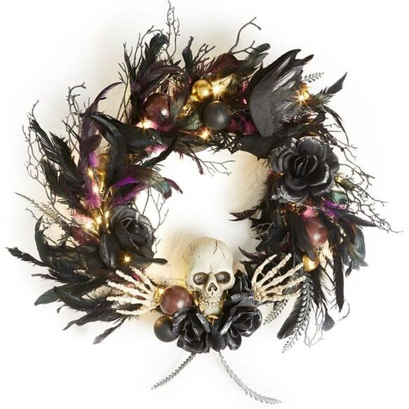 HOLIDAY LANE Halloween Skull & Foliage LED Light-Up Wreath